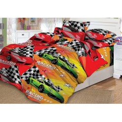 Детский комплект постельного белья поплин "Мото" красный с гоночными машинами