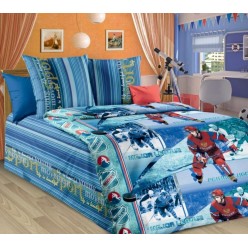 Детское постельное белье бязь синее с хоккеистом