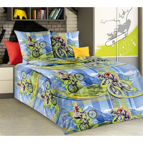 Детское постельное белье бязь голубое с велосипедистом