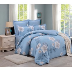 1.5 спальный комплект постельного белья сатин двусторонний синий с нежными цветами