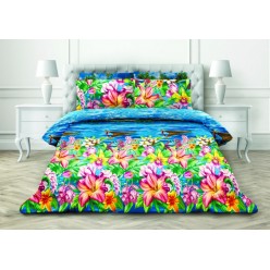2 спальное постельное белье из поплина голубое с яркими цветами
