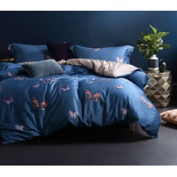 Евро шелковистое постельное белье двустороннее из премиум сатина синее с бабочками