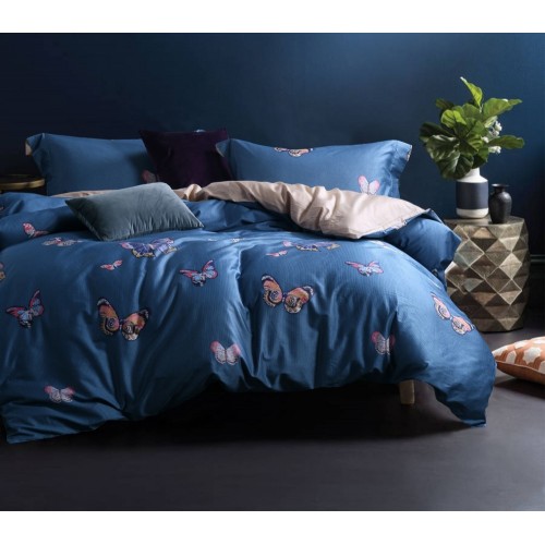 Евро шелковистое постельное белье двустороннее из премиум сатина синее с бабочками