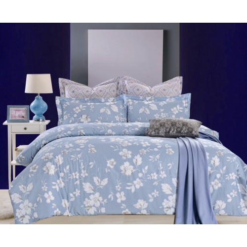 2 спальное постельное белье двустороннее голубое с цветами