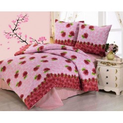 Семейное постельное белье хлопковое, поплин, розовое с красными розами