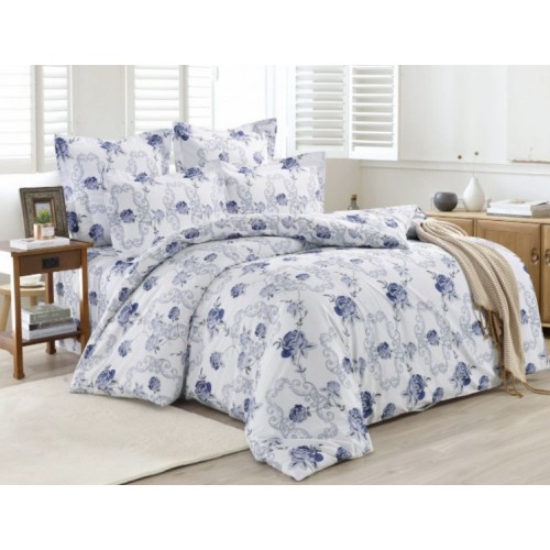 2 спальный комплект постельного белья сатин белый с синими розами