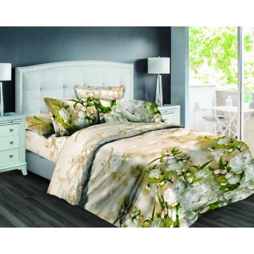 1.5 спальное постельное белье из поплина бежевое с крупными цветами