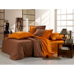 Семейное однотонное постельное белье сатин коричневое с оранжевым