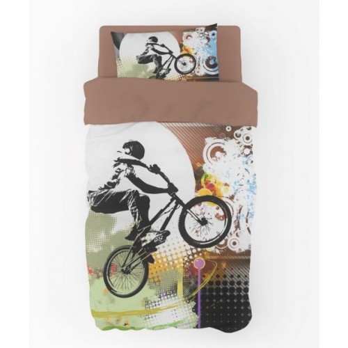 Подростковое сатиновое постельное белье двустороннее белое с велосипедистом