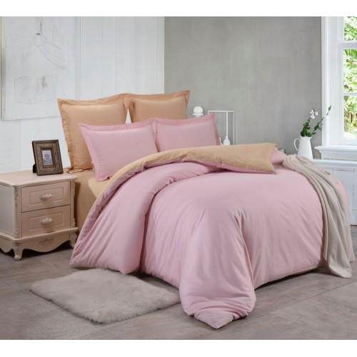 1.5 спальный однотонный комплект постельного белья розовый с бежевым