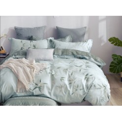 1.5 спальное постельное белье двустороннее сатин зеленое с листьями