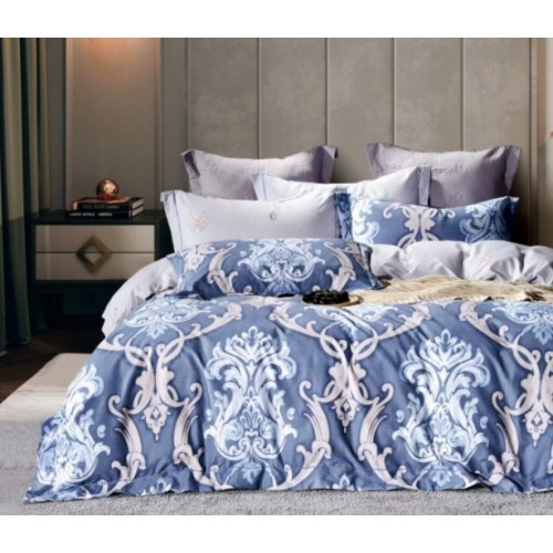 2 спальное постельное белье премиум сатин двустороннее синее с вензелями