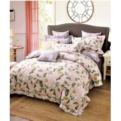Семейное постельное белье двустороннее из премиум сатина бежевое с цветами