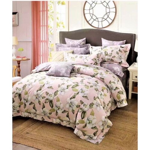 Семейное постельное белье двустороннее из премиум сатина бежевое с цветами