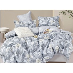 Семейное постельное белье сатин двустороннее серое с цветами