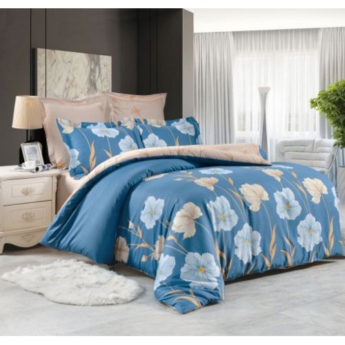 1.5 спальный комплект постельного белья сатин двусторонний синий с крупными цветами