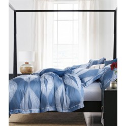 Семейное шелковистое постельное белье премиум сатин Tencel синее с узорами