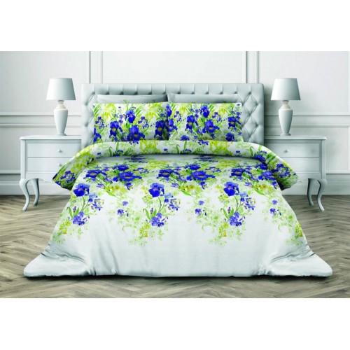1.5 спальное постельное белье из поплина белое с ярко синими цветами