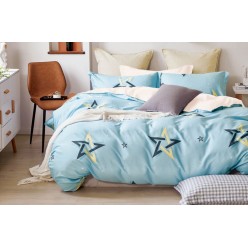 1.5 спальное постельное белье двустороннее сатин голубое с звездами