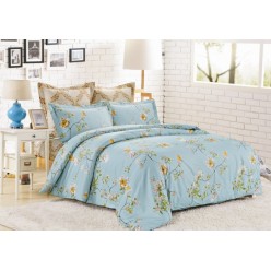 1.5 спальное постельное белье сатин голубое с цветами
