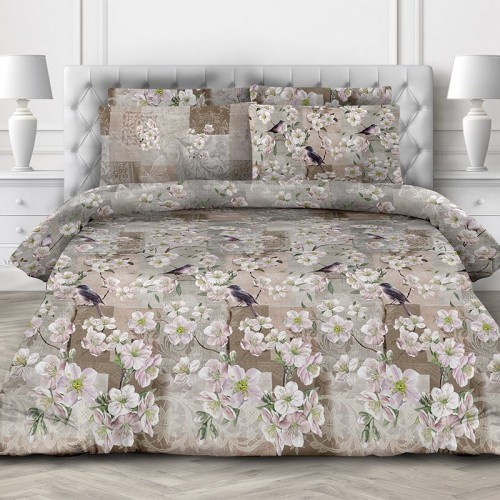 Семейное постельное белье из поплина бежевое с нежными цветами