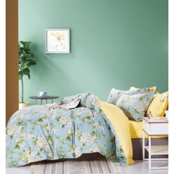 2 спальное постельное белье премиум сатин двустороннее голубое с цветами