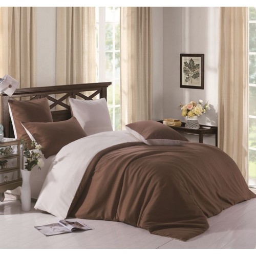 Семейный комплект постельного белья однотонный коричневый с серым отворотом