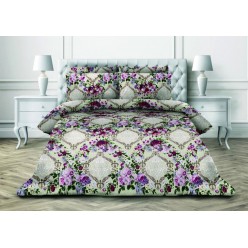 1.5 спальнjt постельное белье из поплина бежевое с фиолетовыми цветами