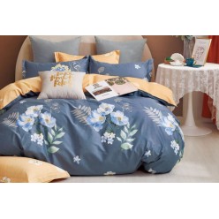 1.5 спальное постельное белье двустороннее сатин дымчато синее с цветами