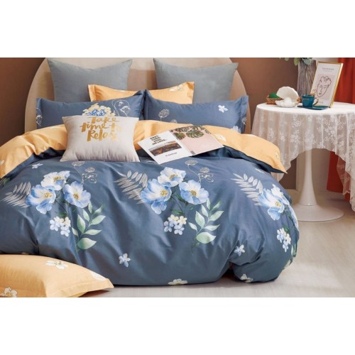 1.5 спальное постельное белье двустороннее сатин дымчато синее с цветами