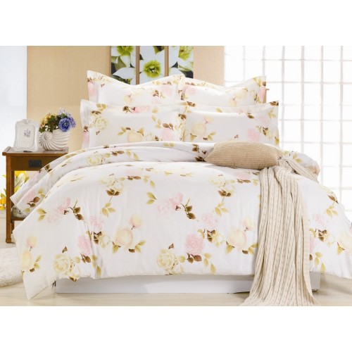 2 спальный комплект постельного белья сатин кремовый с нежными розами