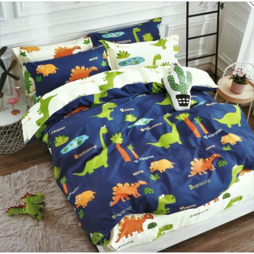 Детское сатиновое постельное белье двустороннее синее с динозаврами