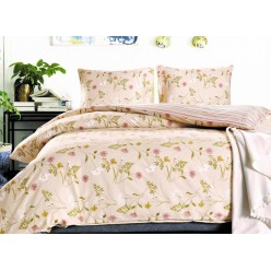 1.5 спальное постельное белье двустороннее из сатина бежевое с цветами