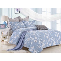  1.5 спальный комплект постельного белья сатин голубой с белыми цветами 