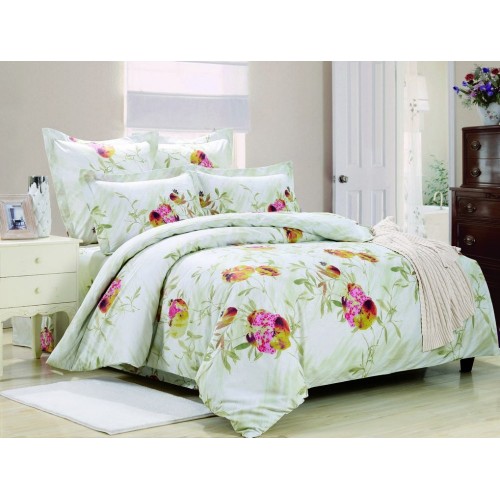 1.5 спальный комплект постельного белья сатин светло бирюзовый с розовыми цветами
