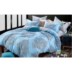 1.5 спальное постельное белье сатин двустороннее голубое с орнаментом