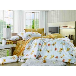 2 спальное двустороннее постельное белье сатин желтое с цветами 