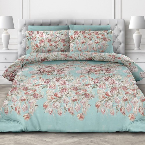 1.5 спальное постельное белье поплин голубое с цветами