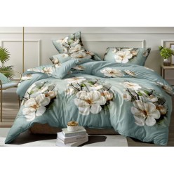 Семейное постельное белье поплин зеленое с цветами
