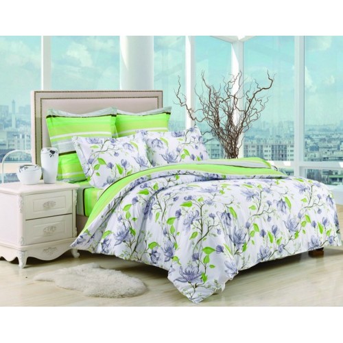 2 спальный комплект постельного белья сатин белый с салатовыми цветами