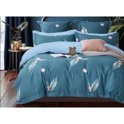 1.5 спальное постельное белье двустороннее сатин дымчато синее с листьями