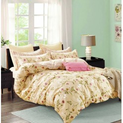 1.5 спальное постельное белье двустороннее из сатина бежевое с нежными цветами