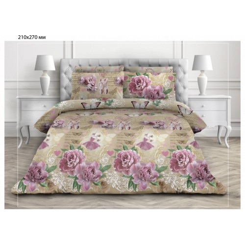 Семейное постельное белье из поплина бежевое с крупными цветами