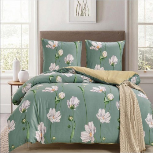 Семейное постельное белье сатин двустороннее хаки с цветами