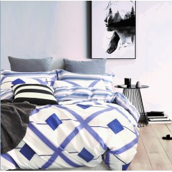 1.5 спальное постельное белье двустороннее из сатина белое в крупный синий ромб