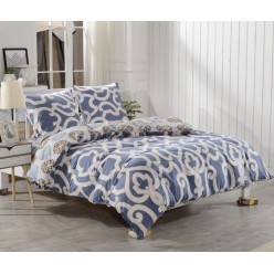 1.5 спальное постельное белье двустороннее из сатина синее с кремовым орнаментом 