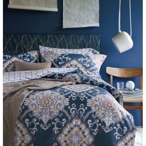 2 спальное шелковистое постельное белье двустороннее из премиум сатина синее с узорами