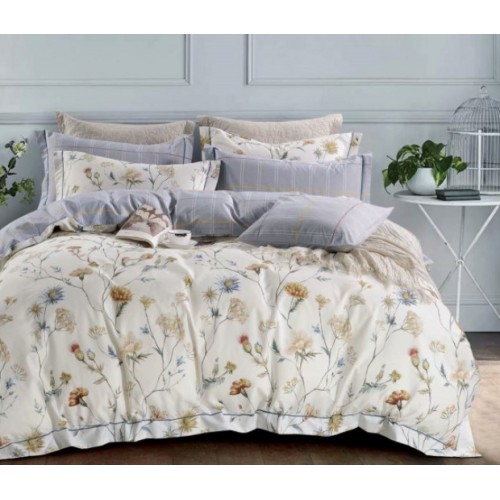 2 спальное постельное белье премиум сатин двустороннее кремовое с полевыми цветами