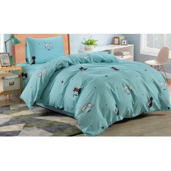 Подростковое сатиновое постельное белье двустороннее голубое с кошками