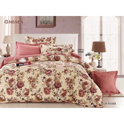 2 спальный комплект постельного белья сатин двусторонний бежевый с цветами